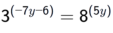 A LaTex expression showing 3 to the power of (-7y - 6) = 8 to the power of (5y )