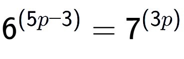 A LaTex expression showing 6 to the power of (5p - 3) = 7 to the power of (3p )