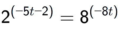A LaTex expression showing 2 to the power of (-5t - 2) = 8 to the power of (-8t )