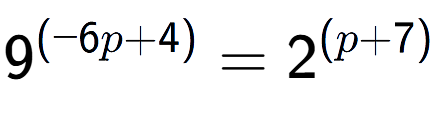 A LaTex expression showing 9 to the power of (-6p + 4) = 2 to the power of (p + 7)