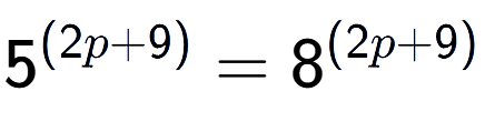 A LaTex expression showing 5 to the power of (2p + 9) = 8 to the power of (2p + 9)