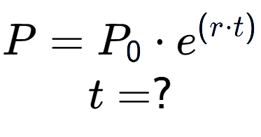 A LaTex expression showing P =P sub 0 times e to the power of (r times t) \\t = ?