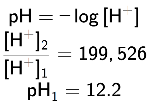 A LaTex expression showing \text{pH} = -\log{[\text{H} to the power of + ]}\\ \\ \frac{[\text{H} to the power of + ] sub 2 }{[\text{H} to the power of + ] sub 1 } = 199,526 \\ \text{pH} sub 1 = 12.2
