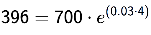 A LaTex expression showing 396 =700 times e to the power of (0.03 times 4)