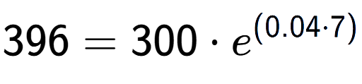 A LaTex expression showing 396 =300 times e to the power of (0.04 times 7)
