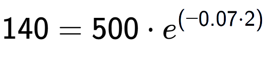 A LaTex expression showing 140 =500 times e to the power of (-0.07 times 2)
