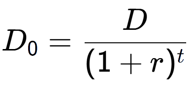 A LaTex expression showing D sub 0 = D over (1+r) to the power of t