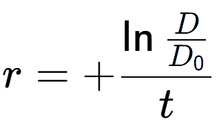 A LaTex expression showing r = +\ln{\frac{D over D sub 0 }}{t}