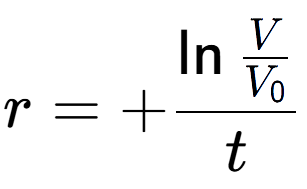 A LaTex expression showing r = +\ln{\frac{V over V sub 0 }}{t}