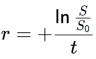 A LaTex expression showing r = +\ln{\frac{S over S sub 0 }}{t}