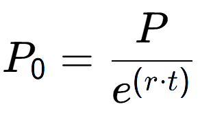 A LaTex expression showing P sub 0 = P over e to the power of (r times t)
