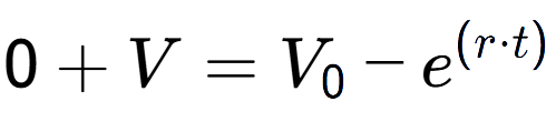 A LaTex expression showing 0 + V = V sub 0 - e to the power of (r times t)