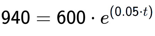 A LaTex expression showing 940 =600 times e to the power of (0.05 times t)