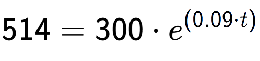 A LaTex expression showing 514 =300 times e to the power of (0.09 times t)