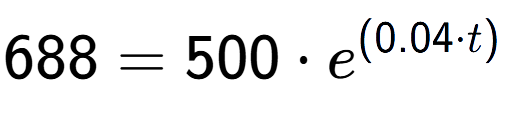 A LaTex expression showing 688 =500 times e to the power of (0.04 times t)