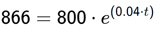 A LaTex expression showing 866 =800 times e to the power of (0.04 times t)