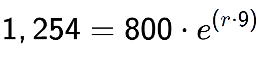 A LaTex expression showing 1,254 =800 times e to the power of (r times 9)