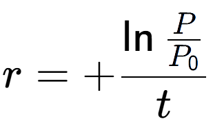 A LaTex expression showing r = +\ln{\frac{P over P sub 0 }}{t}