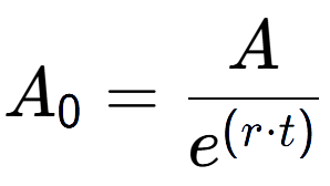 A LaTex expression showing A sub 0 = A over e to the power of (r times t)