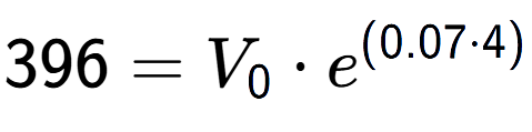 A LaTex expression showing 396 =V sub 0 times e to the power of (0.07 times 4)