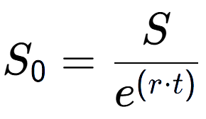 A LaTex expression showing S sub 0 = S over e to the power of (r times t)