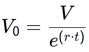A LaTex expression showing V sub 0 = V over e to the power of (r times t)