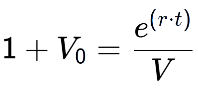A LaTex expression showing 1 + V sub 0 = \frac{e to the power of (r times t) }{V}
