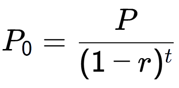A LaTex expression showing P sub 0 = P over (1-r) to the power of t