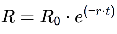 A LaTex expression showing R = R sub 0 times e to the power of (-r times t)