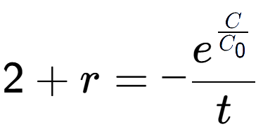 A LaTex expression showing 2 + r = -e to the power of \frac{C over C sub 0 }{t}