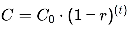 A LaTex expression showing C = C sub 0 times (1 - r) to the power of ( t)