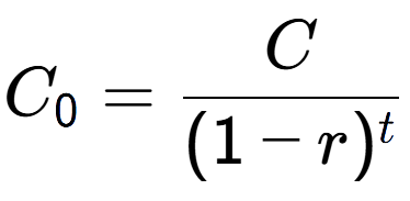 A LaTex expression showing C sub 0 = C over (1-r) to the power of t