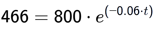 A LaTex expression showing 466 =800 times e to the power of (-0.06 times t)