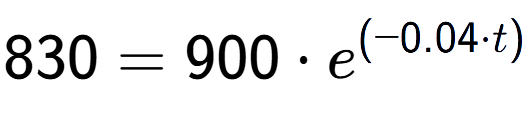 A LaTex expression showing 830 =900 times e to the power of (-0.04 times t)
