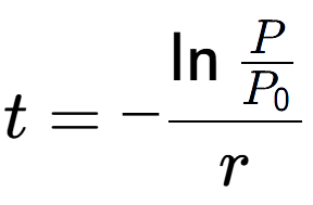 A LaTex expression showing t = -\ln{\frac{P over P sub 0 }}{r}