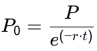 A LaTex expression showing P sub 0 = P over e to the power of (-r times t)