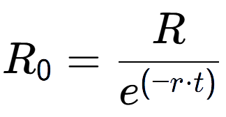 A LaTex expression showing R sub 0 = R over e to the power of (-r times t)