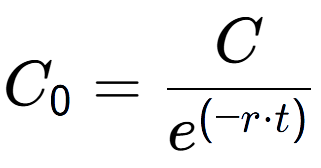 A LaTex expression showing C sub 0 = C over e to the power of (-r times t)