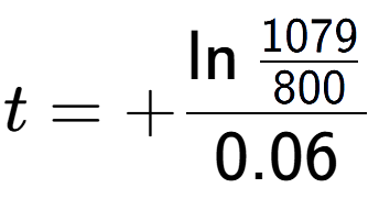 A LaTex expression showing t = +\ln{\frac{1079 over 800 }}{0.06}