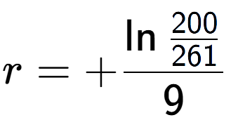 A LaTex expression showing r = +\ln{\frac{200 over 261 }}{9}