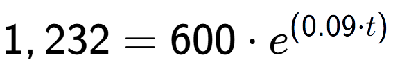 A LaTex expression showing 1,232 =600 times e to the power of (0.09 times t)