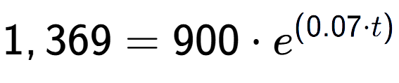 A LaTex expression showing 1,369 =900 times e to the power of (0.07 times t)