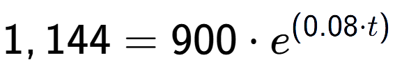 A LaTex expression showing 1,144 =900 times e to the power of (0.08 times t)