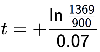 A LaTex expression showing t = +\ln{\frac{1369 over 900 }}{0.07}