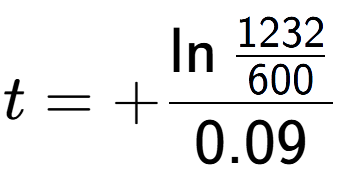 A LaTex expression showing t = +\ln{\frac{1232 over 600 }}{0.09}