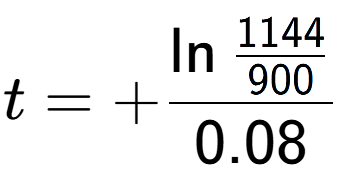 A LaTex expression showing t = +\ln{\frac{1144 over 900 }}{0.08}