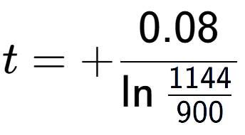 A LaTex expression showing t = +0.08 over \ln{\frac{1144 {900}}}