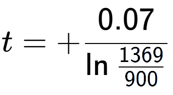 A LaTex expression showing t = +0.07 over \ln{\frac{1369 {900}}}