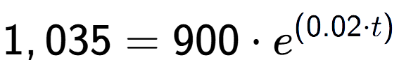 A LaTex expression showing 1,035 =900 times e to the power of (0.02 times t)