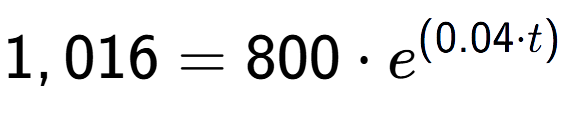 A LaTex expression showing 1,016 =800 times e to the power of (0.04 times t)